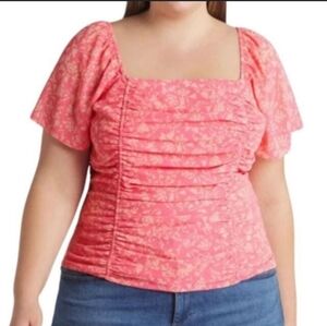 New LUSH Pink Floral Smocked Ruched Flutter Sleeve Blouse 2X